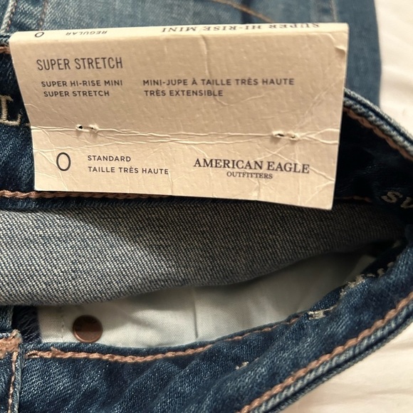 American Eagle Super Hi-Rise Mini Jean Skirt Stretch Embroidered Distressed SZ 0 - Picture 10 of 13